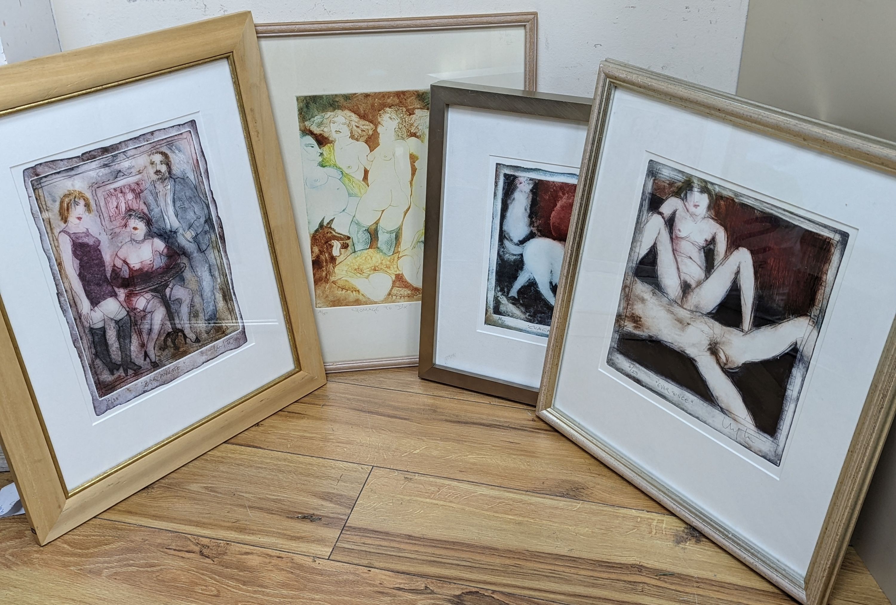 Four modern colour etchings, 'Homage to Dix, Chagall's Cow, Bar Anette and Ever Since', indistinctly signed and numbered, largest 30 x 22cm